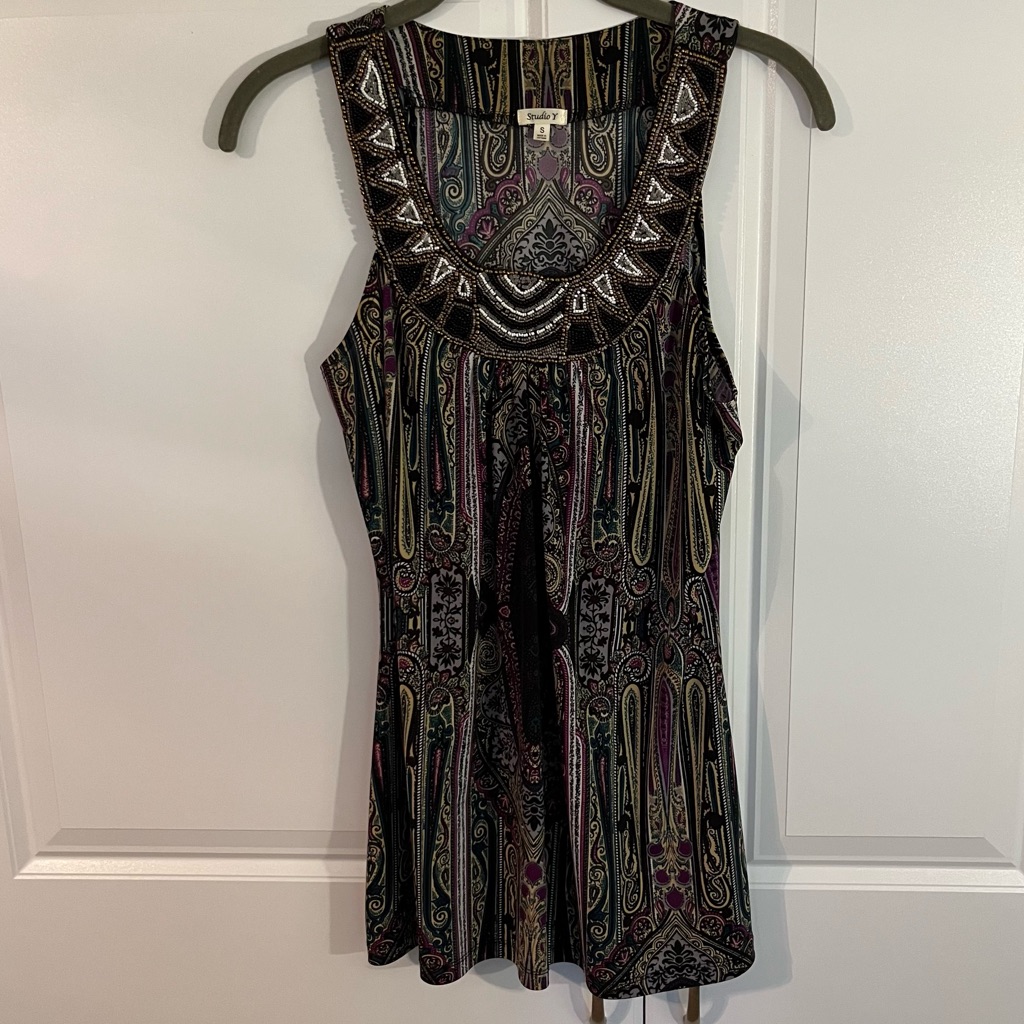 Studio Y Paisley Dress Tank With Beaded Top- Small